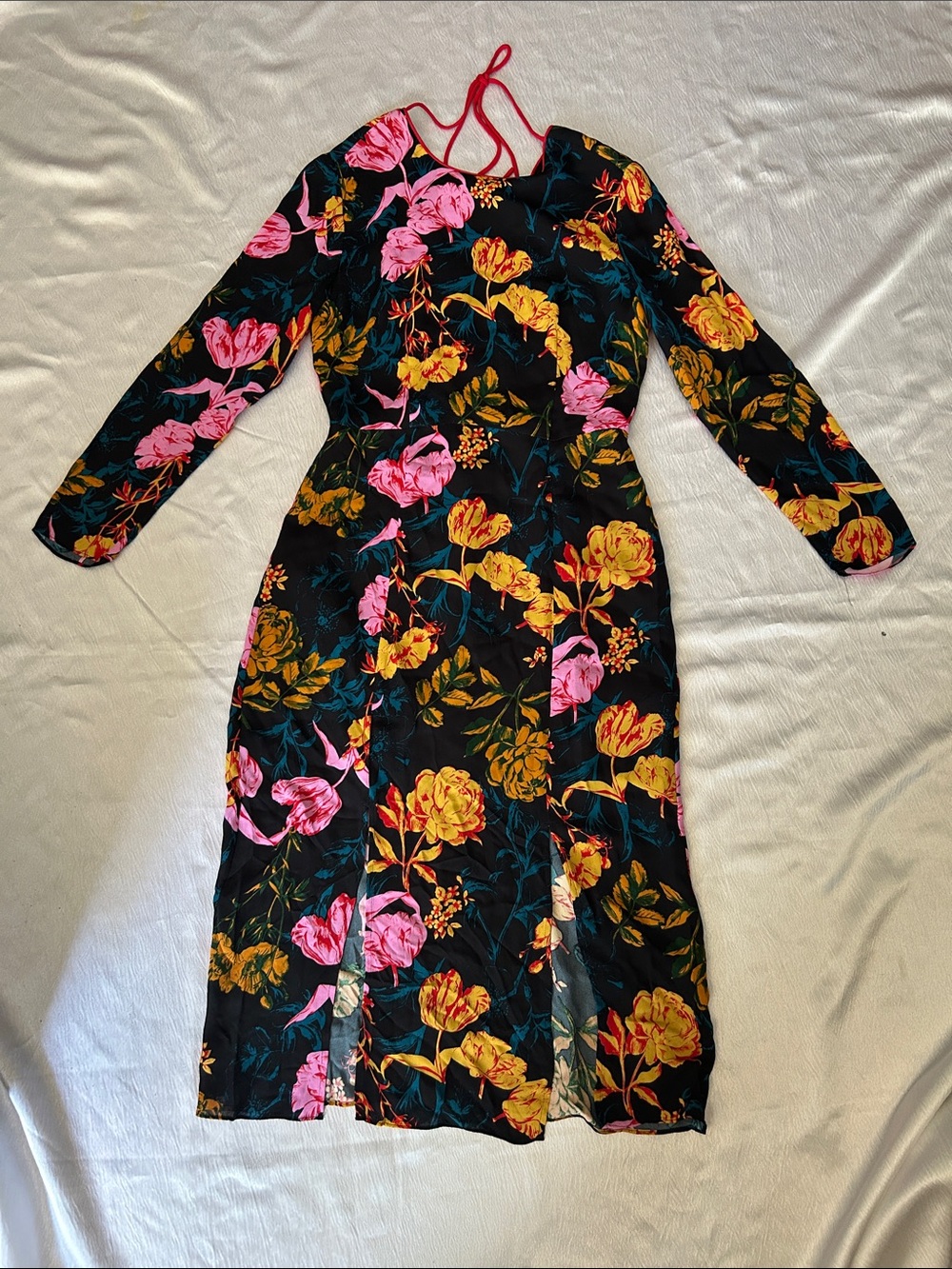 Floral Long Sleeve Black Midi Dress with Pink & Yellow Blooms #6